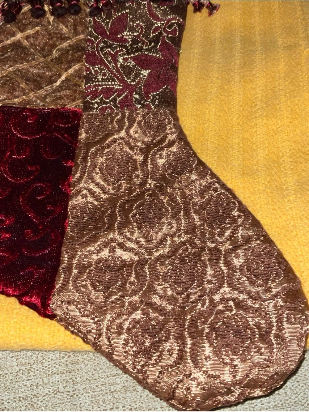 Christmas Stocking Patchwork Jacquard Velvet Cuff Tassel Burgundy Gold 20